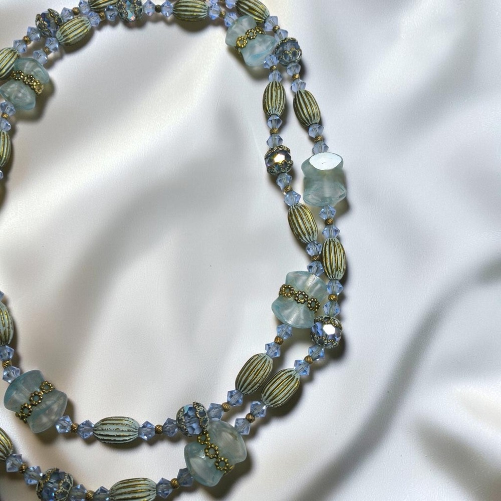 Vintage Mid Century Aqua Glass & Crystal 33" Necklace - Picture 8 of 11